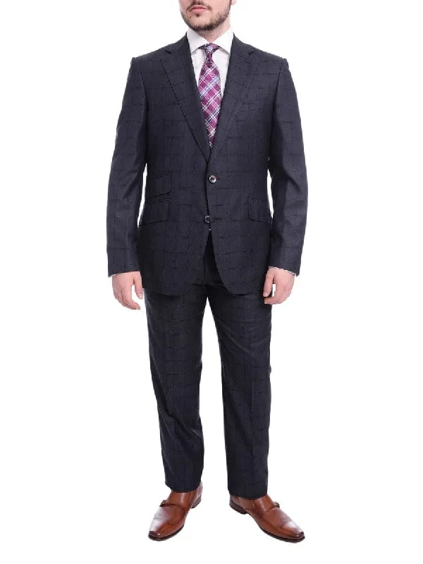 Techwear Fashion Robert Graham Slim Fit Navy Blue Windowpane Two Button Wool Silk Blend Suit